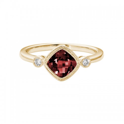 14K YELLOW GOLD 6MM BEZEL SET SQUARE GARNET RING WITH .05CTTW ROUND SI CLARITY & GH COLOR DIAMONDS