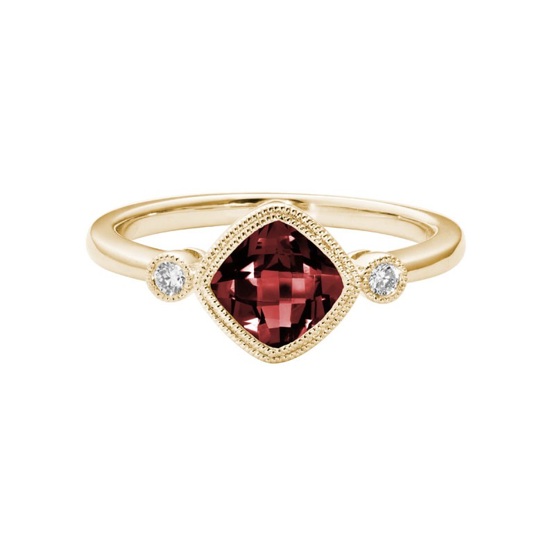 14K YELLOW GOLD 6MM BEZEL SET SQUARE GARNET RING WITH .05CTTW ROUND SI CLARITY & GH COLOR DIAMONDS