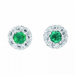 14K WHITE GOLD 4.2MM ROUND EMERALD STUD EARRINGS SET IN FOUR PRONG BASKETS