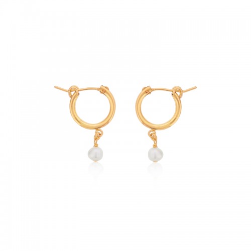 DEE BERKLEY GOLD FILLED SMALL CHUNKY HOOPS WITH PEARL GEMSTONE DROPS