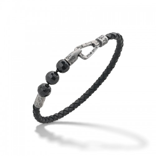 MARCO DAL MASO LASH ONYX LEATHER COMBO BRACELET OXIDIZED SILVER BLACK WOVEN LEATHER BLACK ONYX BEADS (M)