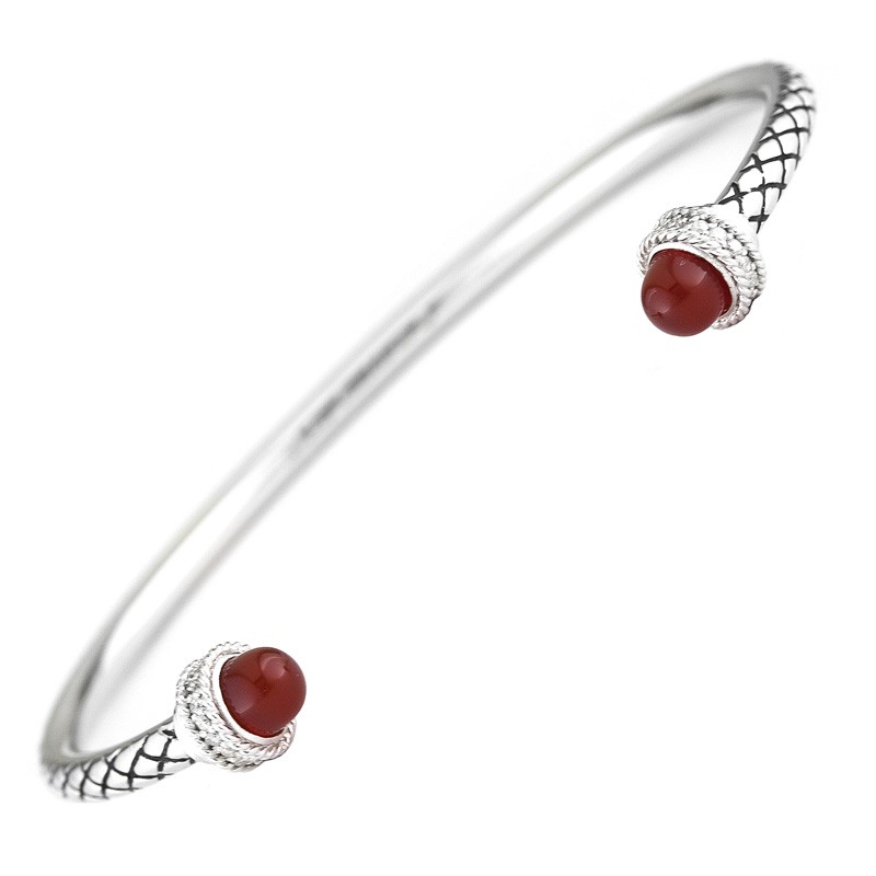 Sterling Silver Multimedia Cabochon Bezel Red Agate Bangle (Silver Diamond/Red Agate Bangle)