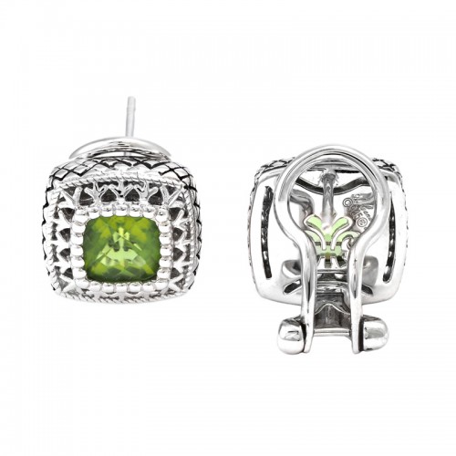 Sterling Silver Fleur De Lis Cushion Bezel Peridot Earring (Silver Peridot Earrings)