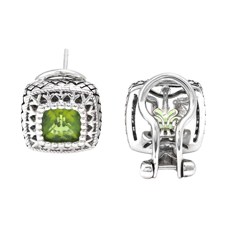 Sterling Silver Fleur De Lis Cushion Bezel Peridot Earring (Silver Peridot Earrings)