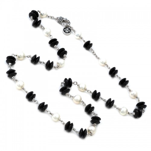 Sterling Silver Onix Ola Onyx/Pearl Necklace (Silver Onyx/Pearl Necklace (18