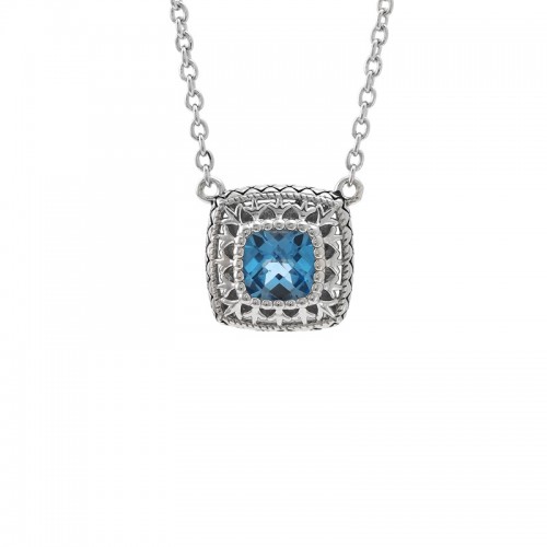 Sterling Silver Fleur De Lis Cushion Bezel Blue Topaz Necklace (Silver Blue Topaz Necklace)