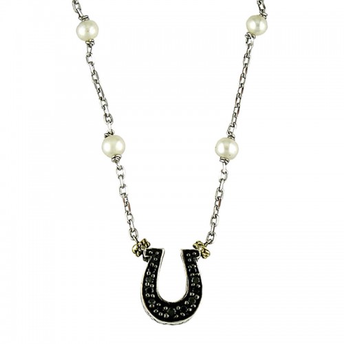 Blanco Y Negro Round Pave Pearl Necklace (18k/Silver Pearl-Black Diamond Horseshoe Necklace)