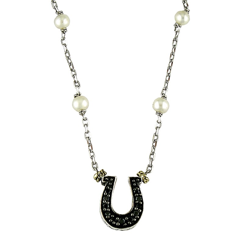 Blanco Y Negro Round Pave Pearl Necklace (18k/Silver Pearl-Black Diamond Horseshoe Necklace)