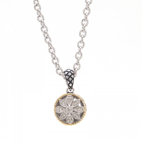 Andrea II Round Pave Diamond Pendant (18k Silver Dia Antique Rd. Flower Pendant)