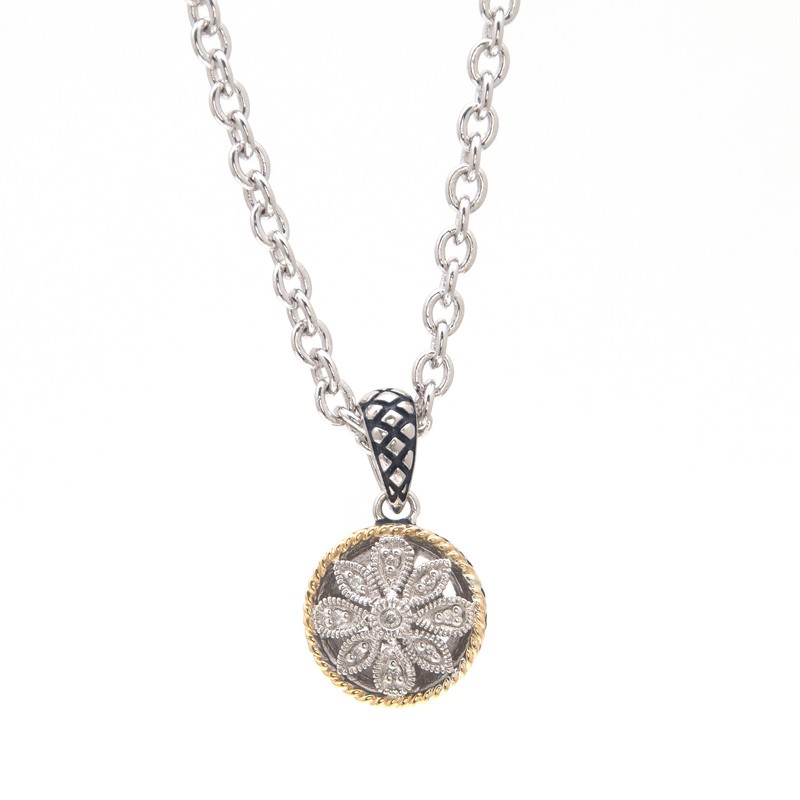 Andrea II Round Pave Diamond Pendant (18k Silver Dia Antique Rd. Flower Pendant)