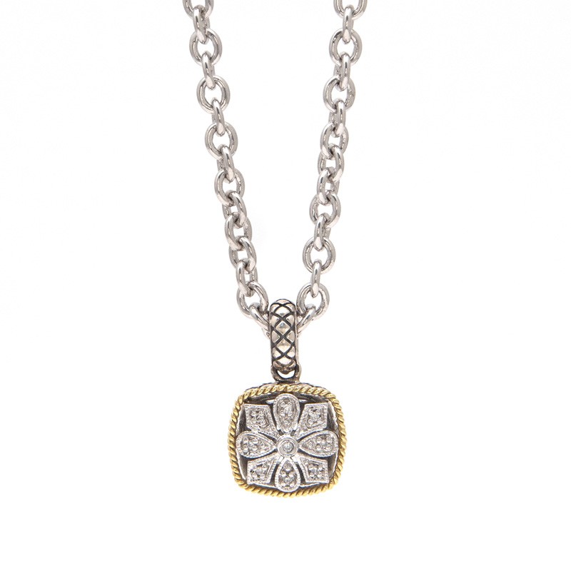 Andrea II Round Pave Diamond Pendant (18k Silver Dia Antique Look Sq Pendant)