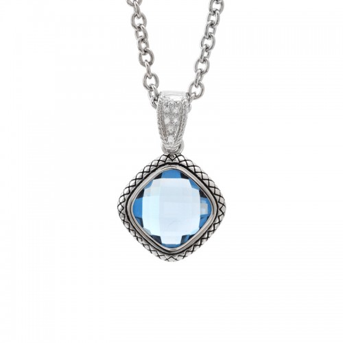 Sterling Silver Lazo De Colores Cushion Bezel Blue Topaz Necklace (Silver Blue Topaz/Diamond Necklace)