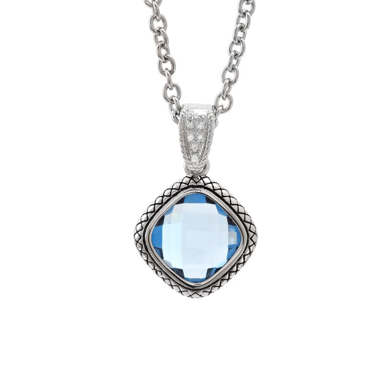 Sterling Silver Lazo De Colores Cushion Bezel Blue Topaz Necklace (Silver Blue Topaz/Diamond Necklace)