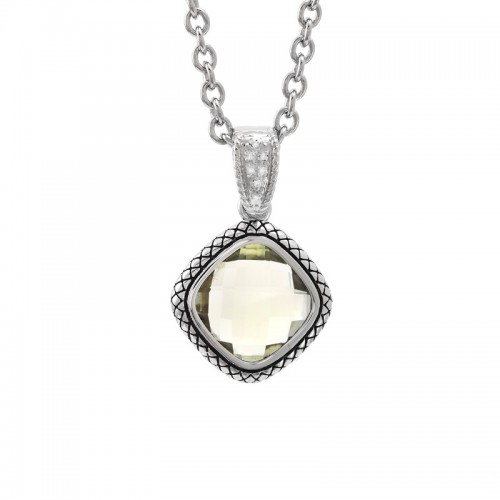 Sterling Silver Lazo De Colores Cushion Bezel Lemon Quartz Necklace (Silver Lemon Quartz/Diamond Necklace)