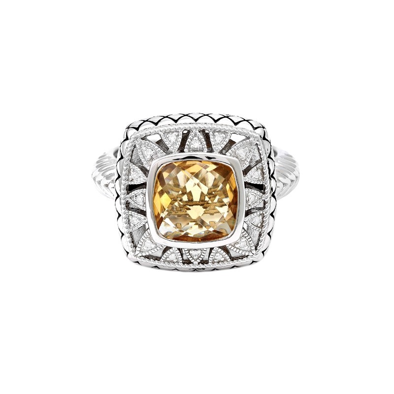 Sterling Silver Lazo De Colores Cushion Bezel Citrine Ring (Silver Diamond/Citrine Ring)