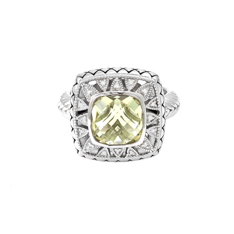 Sterling Silver Lazo De Colores Cushion Bezel Lemon Quartz Ring (Silver Diamond/Lemon Topaz Ring)