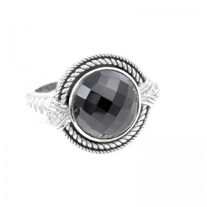 Sterling Silver Trebol Round Bezel Onyx Ring (Silver Onxy/Diamond Ring)