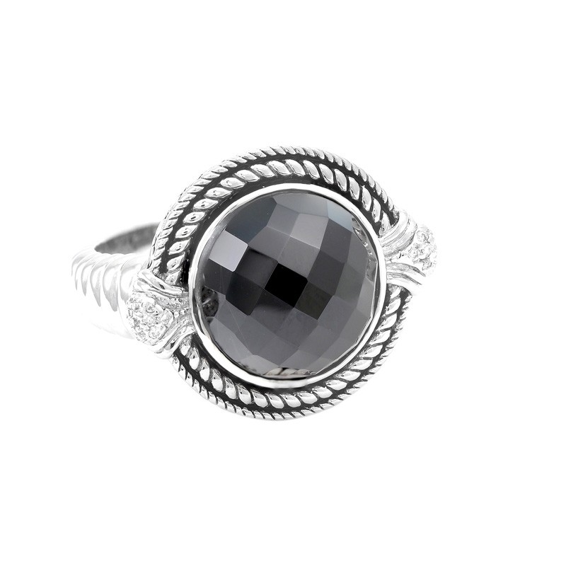 Sterling Silver Trebol Round Bezel Onyx Ring (Silver Onxy/Diamond Ring)