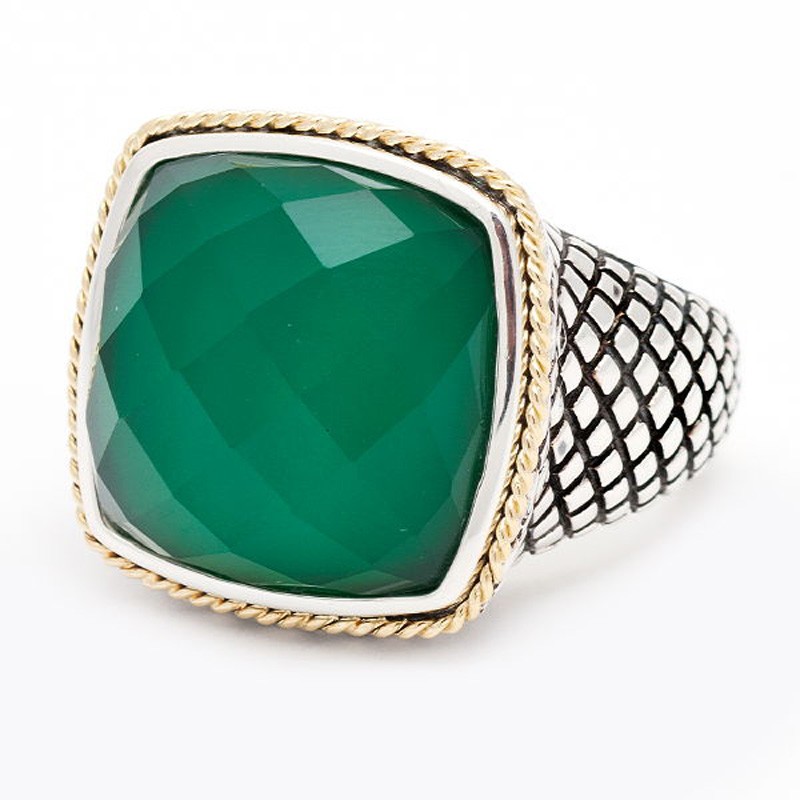 Trebol Cushion Bezel Green Agate Ring (18k/Silver Green Agate Doublet Ring)