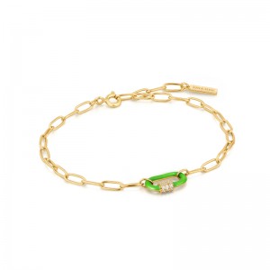 ANIA HAIE 14K GOLD PLATED ON STERLING SILVER NEON GREEN ENAMEL CARABINER GOLD BRACELET