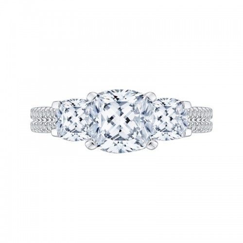 Cushion Cut Diamond with Sapphire Three-Stone Cathedral Style Engagement Ring in 14K White Gold (Semi-Mount)