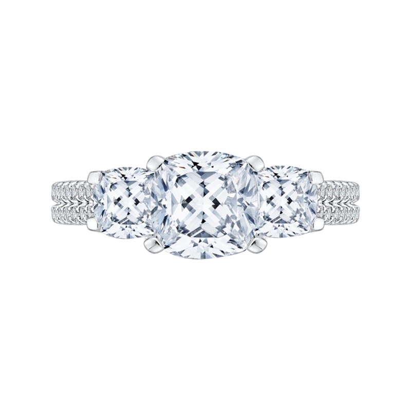 Cushion Cut Diamond with Sapphire Three-Stone Cathedral Style Engagement Ring in 14K White Gold (Semi-Mount)