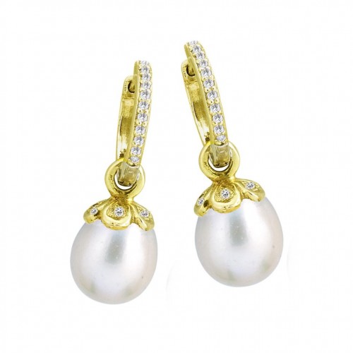 14kt Yellow Gold White Pearl Drop & Diamond Earring Charms