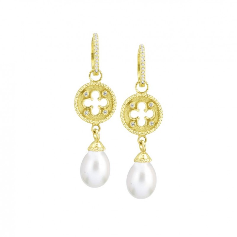 14kt Yellow Gold Clover Shield White Pearl Drop & Diamond Earring Charms