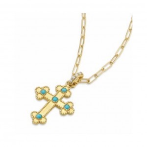 14kt Yellow Gold Turquoise & Diamond Cross Necklace