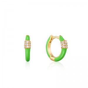 ANIA HAIE 14K GOLD PLATED ON STERLING SILVER NEON GREEN ENAMEL AND CZ CARABINER HOOP EARRINGS