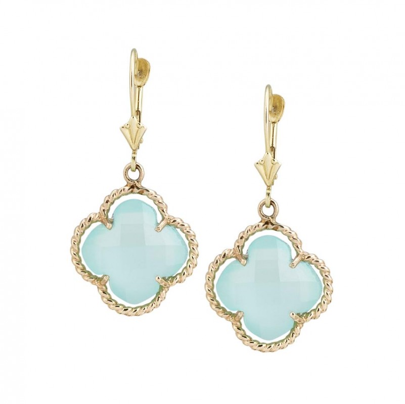 14kt Yellow Gold Blue Green Chalcedony Clover Earrings