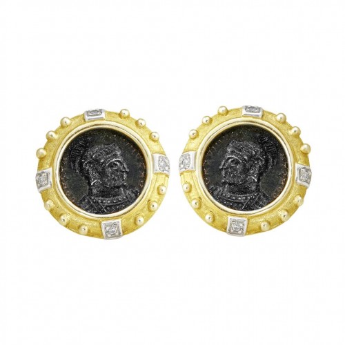 14kt Yellow Gold Ancient Roman Constantine Coin Diamond Earrings