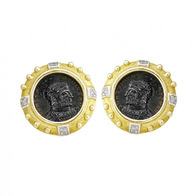 14kt Yellow Gold Ancient Roman Constantine Coin Diamond Earrings