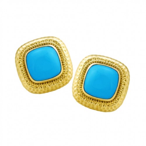 14kt Yellow Gold Hammered & Twisted Rope Sleeping Beauty Turquoise Earrings