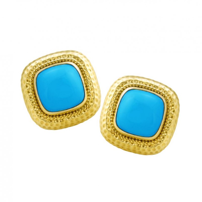 14kt Yellow Gold Hammered & Twisted Rope Sleeping Beauty Turquoise Earrings