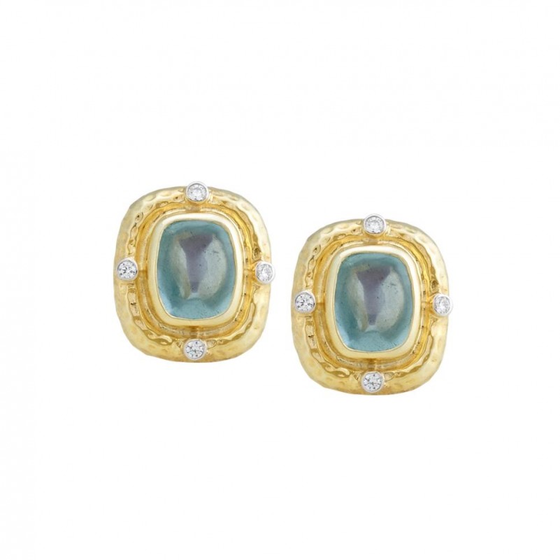 14kt Yellow Gold Hammered Sugar Loaf Aquamarine & Diamond Earrings