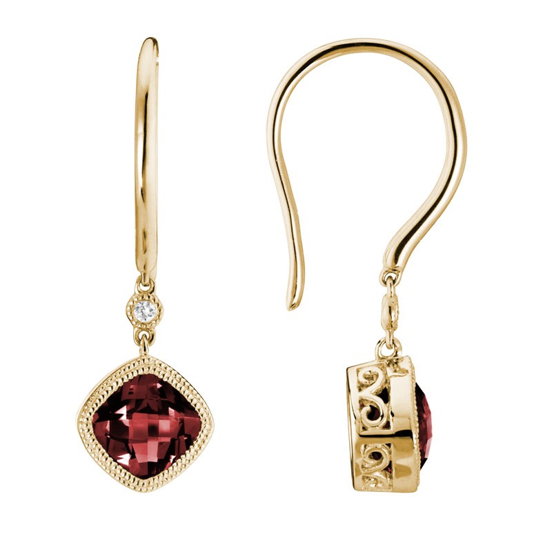 http://nfoxjewelers.bluestar-apps.com/upload/product/14K YELLOW GOLD DROP EARRINGS 5.5MM (1.70CTTW) CUSHION CUT BEZEL GARNETS WITH A .02CTTW ROUND DIAMOND ACCENT ON WIRES