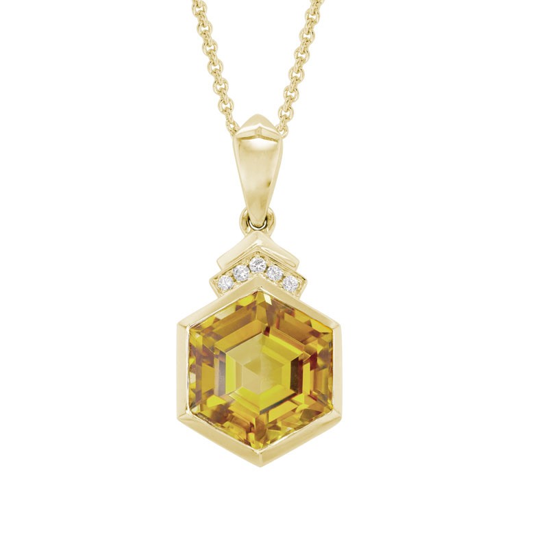 http://nfoxjewelers.bluestar-apps.com/upload/product/14K YELLOW GOLD BEZEL SET 8MM HEXAGON CITRINE PENDANT WITH .02CTTW ROUND SI CLARITY & GH COLOR DIAMONDS ON A 16+2