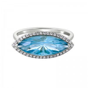 14K WHITE GOLD 3.19CT MARQUISE BLUE TOPAZ RING WITH .10CTTW ROUND SI CLARITY & GH COLOR DIAMONDS SET IN THE HALO