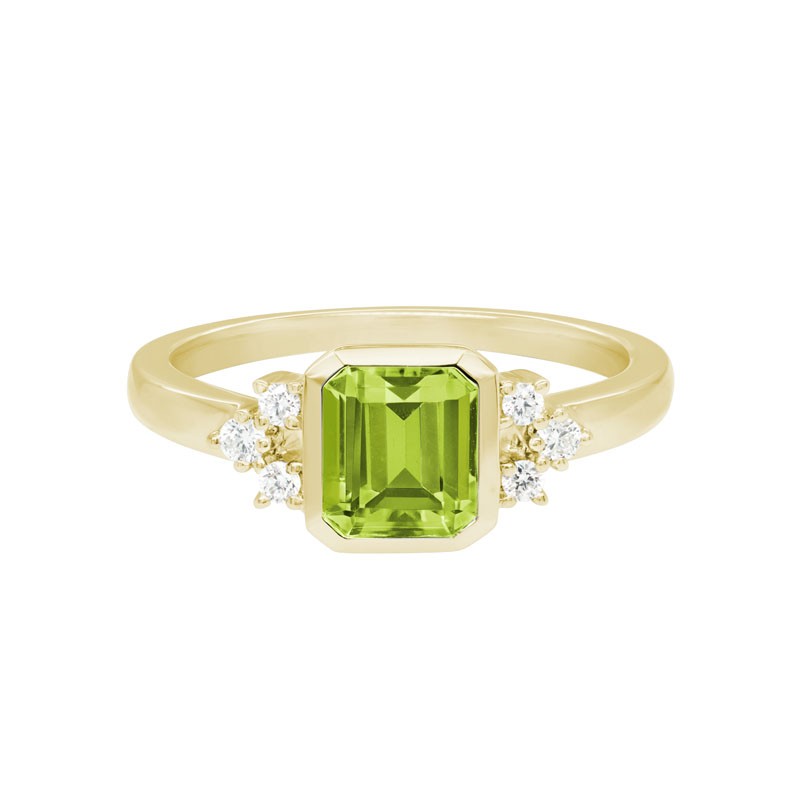 http://nfoxjewelers.bluestar-apps.com/upload/product/14K YELLOW GOLD 6X7MM (1.30CT) EMERALD CUT BEZEL SET PERIDOT RITNG WITH .11CTTW ROUND SI CLARITY & GH COLOR DIAMONDS SET ON THE SIDES