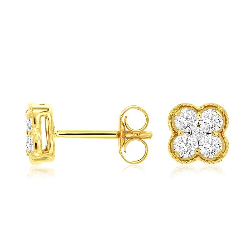 14K YELLOW GOLD CLOVER SHAPE POST EARRINGS WITH .50CTTW ROUND I1 CLARITY & HI COLOR DIAMONDS