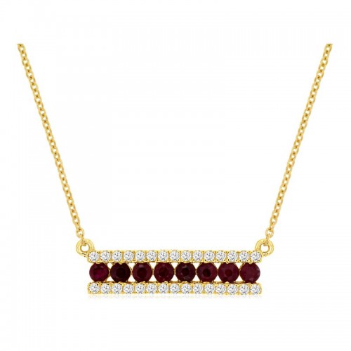 14K YELLOW GOLD BAR PENDANT WITH .44CTTW ROUND RUBIES AND .19CTTW ROUND I1 CLARITY & HI COLOR DIAMOND SET ON THE SIDES ON A CABLE CHAIN