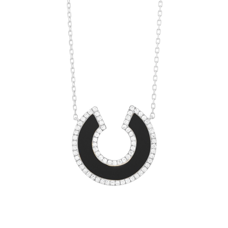 http://nfoxjewelers.bluestar-apps.com/upload/product/14K WHITE GOLD HORSESHOE SHAPE ONYX PENDANT WITH .20CTTW ROUND SI CLARITY & GH COLOR DIMONDS ON  17/18