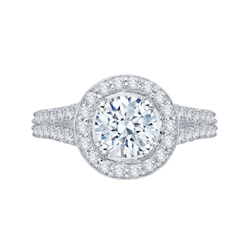 Split Shank Round Diamond Halo Engagement Ring in 14K White Gold