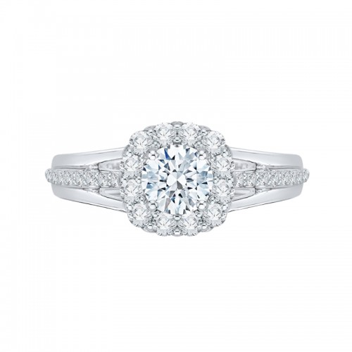 Split Shank Diamond Halo Engagement Ring Set in 14K White Gold