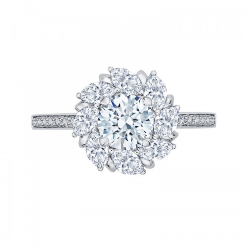 Round and Marquise Cut Diamond Floral Engagement Ring in 14K White Gold