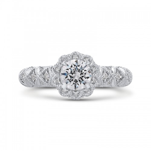 Round Diamond Floral Halo Engagement Ring in 14K White Gold