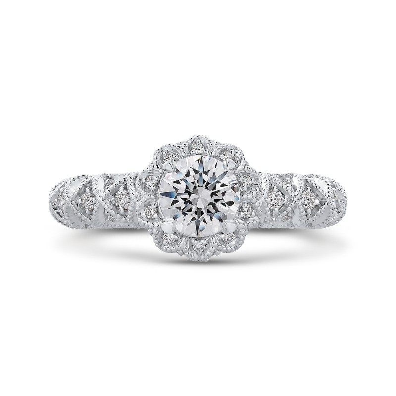 Round Diamond Floral Halo Engagement Ring in 14K White Gold