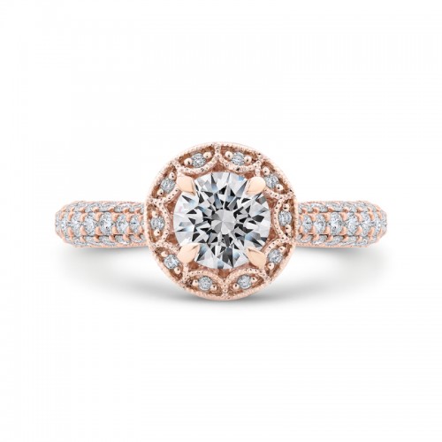 Round Halo Diamond Cathedral Style Engagement Ring in 14K Rose Gold