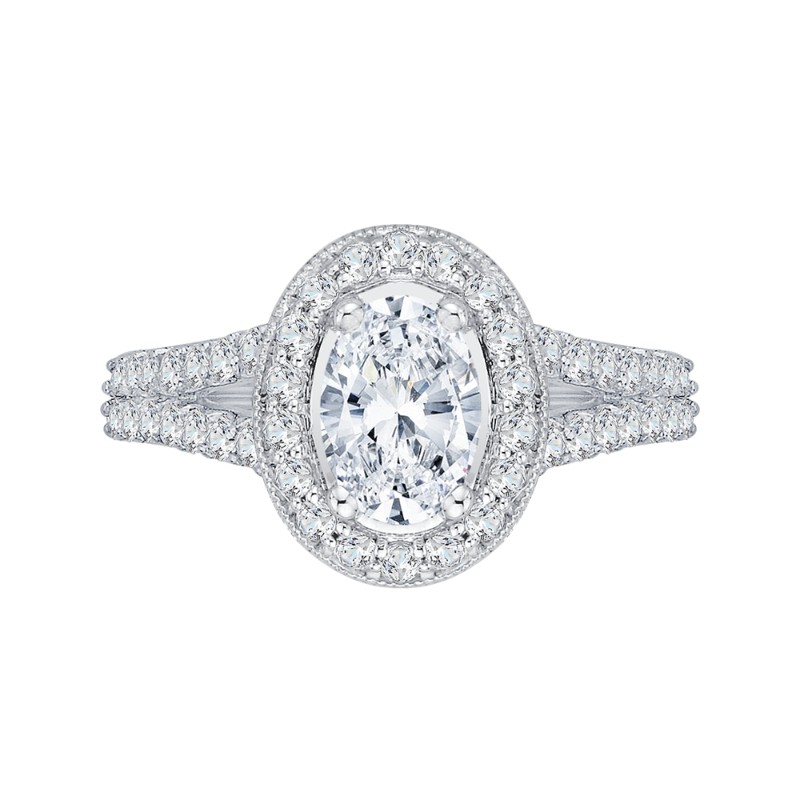 Split Shank Oval Cut Diamond Halo Engagement Ring in 14K White Gold